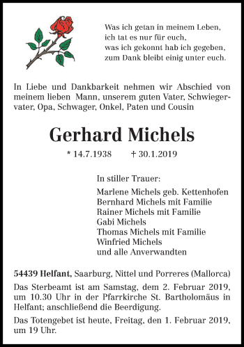 Todesanzeige von Gerhard Michels von trierischer_volksfreund