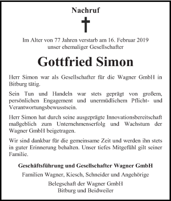 Todesanzeige von Gottfried Simon von trierischer_volksfreund