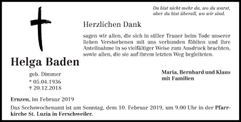 Todesanzeige von Helga Baden von trierischer_volksfreund