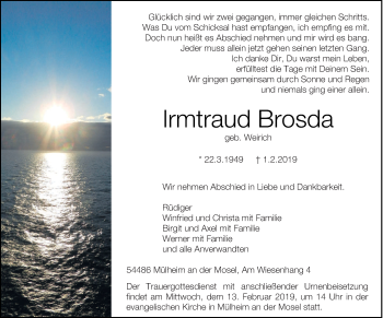 Todesanzeige von Irmtraud Brosda von trierischer_volksfreund
