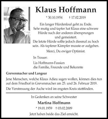 Todesanzeige von Klaus Hoffmann von trierischer_volksfreund