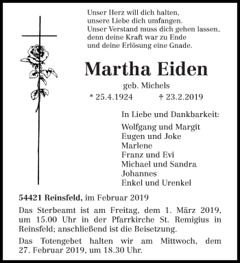 Todesanzeige von Martha Eiden von trierischer_volksfreund