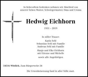 Todesanzeige von Hedwig Eichhorn von trierischer_volksfreund