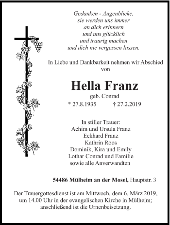 Todesanzeige von Hella Franz von trierischer_volksfreund