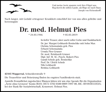 Todesanzeige von Helmut Pies von trierischer_volksfreund