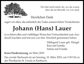 Todesanzeige von Johann (Hans) Lauer von trierischer_volksfreund