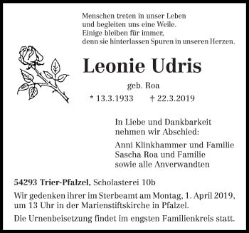 Todesanzeige von Leonie Udris von trierischer_volksfreund