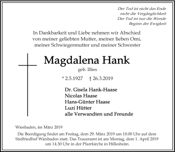 Todesanzeige von Magdalena Hank von trierischer_volksfreund
