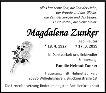 Todesanzeige von Magdalena Zunker von trierischer_volksfreund