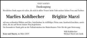 Todesanzeige von Marlies und Brigitte Kohlbecher und Marzi von trierischer_volksfreund