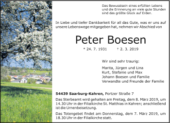 Todesanzeige von Peter Boesen von trierischer_volksfreund