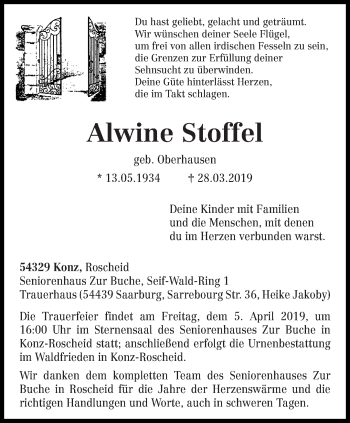 Todesanzeige von Alwine Stoffel von trierischer_volksfreund