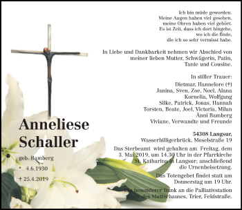Todesanzeige von Anneliese Schaller von trierischer_volksfreund