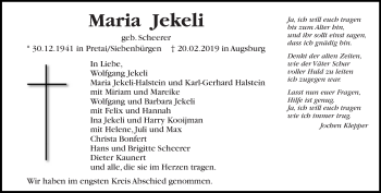 Todesanzeige von Maria Jekeli von trierischer_volksfreund