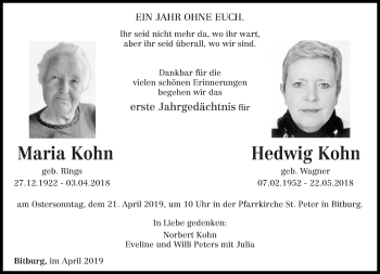 Todesanzeige von Mariaund Hedwig Kohn von trierischer_volksfreund