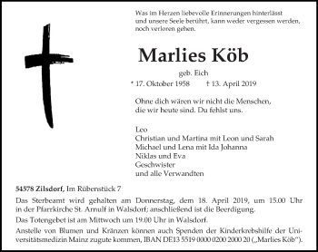 Todesanzeige von Marlies Köb von trierischer_volksfreund