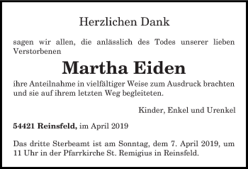 Todesanzeige von Martha Eiden von trierischer_volksfreund