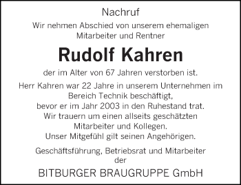 Todesanzeige von Rudolf Kahren von trierischer_volksfreund
