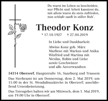 Todesanzeige von Theodor Konz von trierischer_volksfreund
