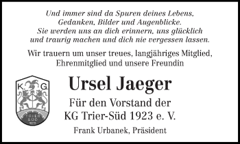 Todesanzeige von Ursel Jaeger von trierischer_volksfreund
