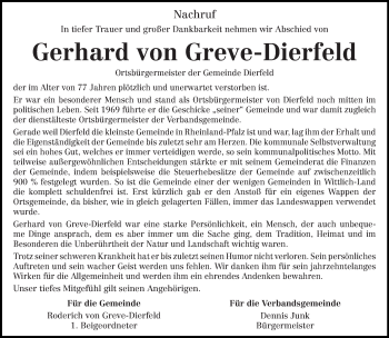 Todesanzeige von Gerhard von Greve-Dierfeld von trierischer_volksfreund