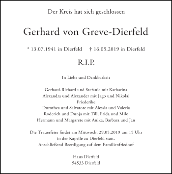 Todesanzeige von Gerhard von Greve-Dierfeld von trierischer_volksfreund