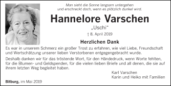 Todesanzeige von Hannelore Varschen von trierischer_volksfreund