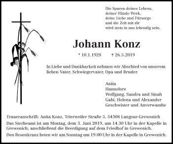 Todesanzeige von Johann Konz von trierischer_volksfreund