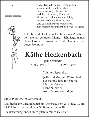 Todesanzeige von Käthe Heckenbach von trierischer_volksfreund