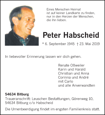 Todesanzeige von Peter Habscheid von trierischer_volksfreund