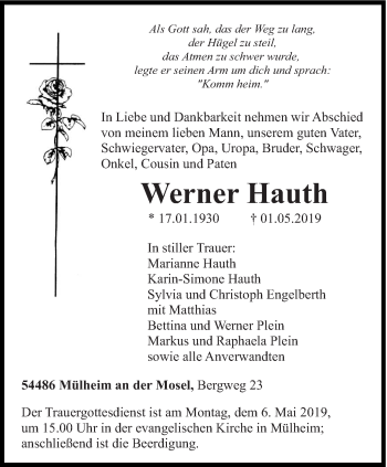 Todesanzeige von Werner Hauth von trierischer_volksfreund