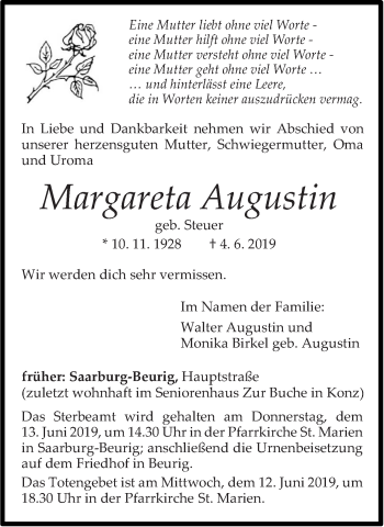 Todesanzeige von Margareta Augustin von trierischer_volksfreund