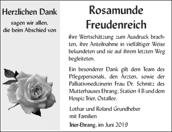 Todesanzeige von Rosamunde Freudenreich von trierischer_volksfreund