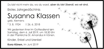 Todesanzeige von Susanna Klassen von trierischer_volksfreund