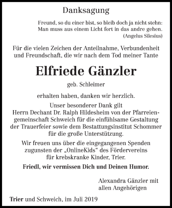 Todesanzeige von Elfriede Gänzler von trierischer_volksfreund
