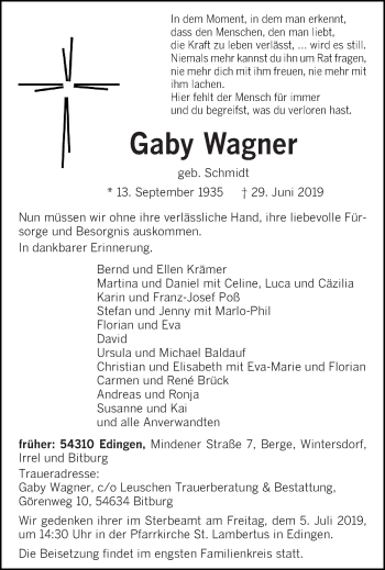 Todesanzeige von Gaby Wagner von trierischer_volksfreund