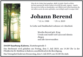 Todesanzeige von Johann Berend von trierischer_volksfreund