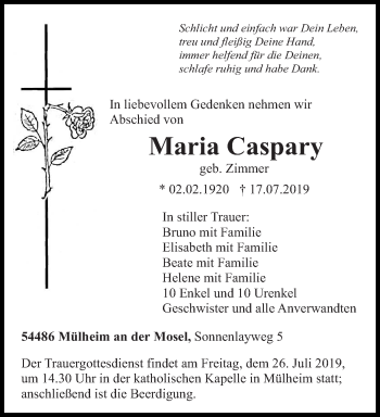 Todesanzeige von Maria Caspary von trierischer_volksfreund