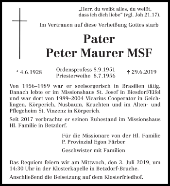 Todesanzeige von Peter Maurer  von trierischer_volksfreund