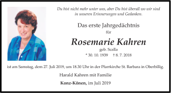 Todesanzeige von Rosemarie Kahren von trierischer_volksfreund