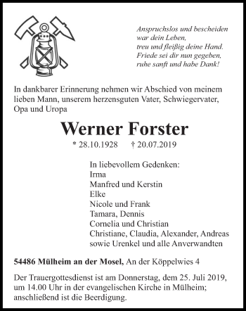 Todesanzeige von Werner Forster von trierischer_volksfreund