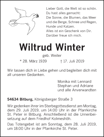 Todesanzeige von Wiltrud Winter von trierischer_volksfreund
