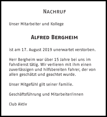 Todesanzeige von Alfred Bergheim von trierischer_volksfreund