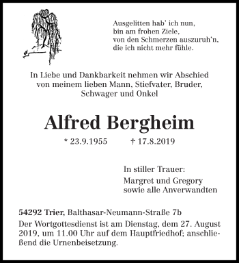 Todesanzeige von Alfred Bergheim von trierischer_volksfreund