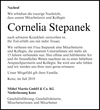 Todesanzeige von Cornelia Stepanek von trierischer_volksfreund