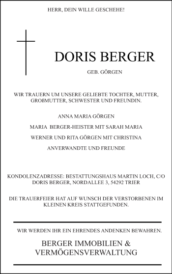 Todesanzeige von Doris Berger von trierischer_volksfreund