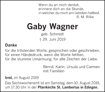Todesanzeige von Gaby Wagner von trierischer_volksfreund