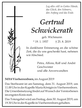 Todesanzeige von Gertrud Schwickerath von trierischer_volksfreund