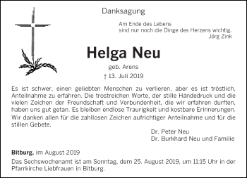 Todesanzeige von Helga Neu von trierischer_volksfreund