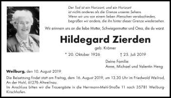 Todesanzeige von Hildegard Zierden von trierischer_volksfreund
